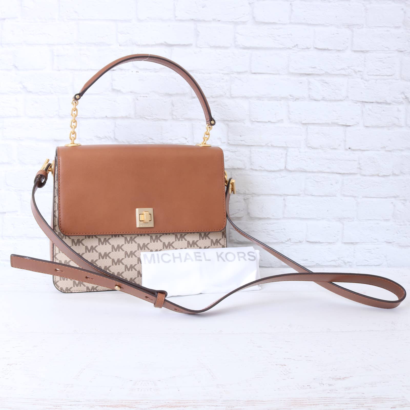Nwt Michael Kors Natalie Mk Signature Leather Brown Shoulder Bag Crossbody Purse